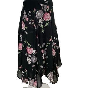 Chaps Boho Midi Floral Skirt Womens Sz Sm Asymmetrical Hem Pink & Black Flowy